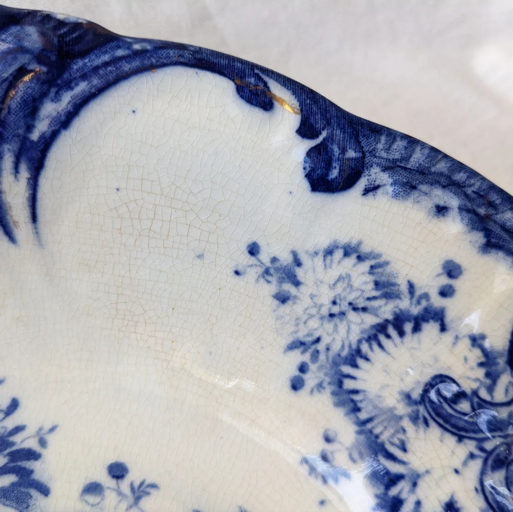 Antique Upper Hanley England Dahlia Flow Blue Floral Round Vegetable Bowl